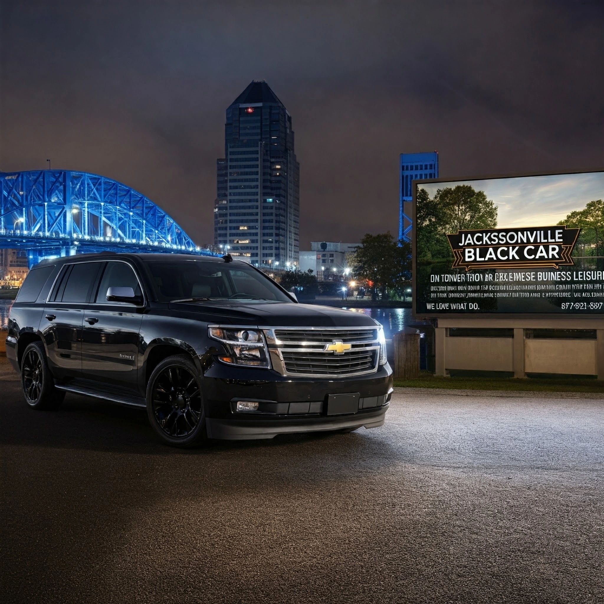 "A sleek Suburban parked downtown Jacksonville, with a sign Jacksonville Black Car'